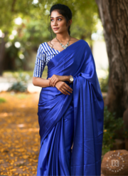 Azure Blue Satin Saree With Stripes Printed Blouse