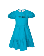 Girls Aqua Chest Embroidered Dress with Puff Sleeve